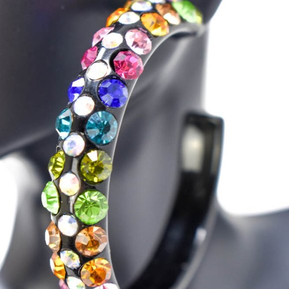 2.5" Black Multicolor Rhinestone Hoop Earrings - Picture 5 of 7